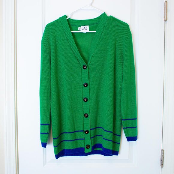 Preppy VTG Ami Sweater Kelly Green Cardigan Striped Collegiate 14 Bright Spring - Picture 1 of 10